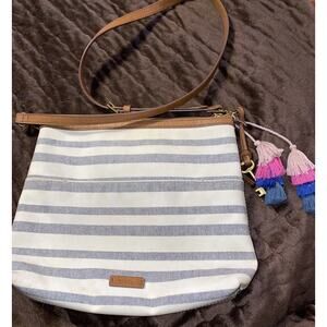 Fossil Fiona Large White Blue Stripe Crossbody Bag used